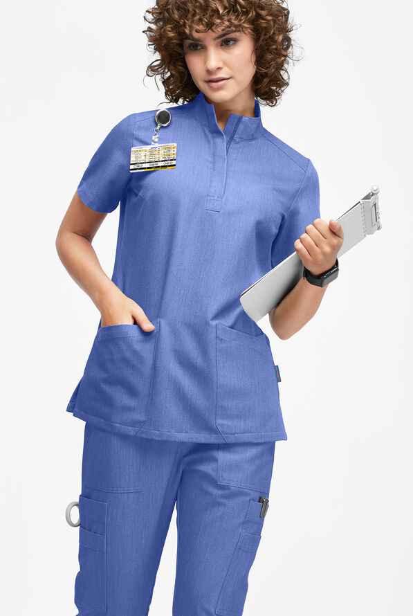 Movement by Butter-Soft Lyrae Women’s 6-Pocket Zip Closure Neck Scrub Top - Electric Blue Heather - 2