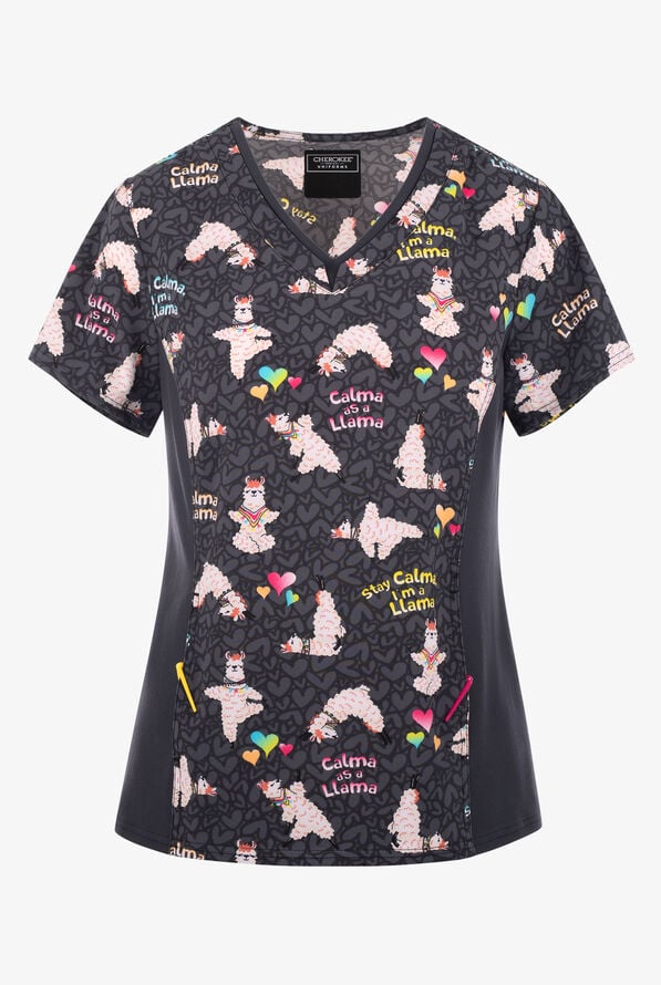 Cherokee Calma Llama Women's 1-Pocket STRETCH V-Neck Print Scrub Top - null - 1