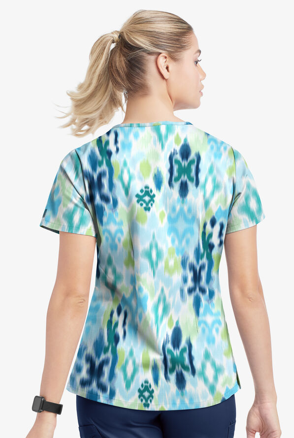 Butter-Soft STRETCH Varna Ikat Turquoise Women's 4-Pocket Grommet Print Scrub Top - null - 3