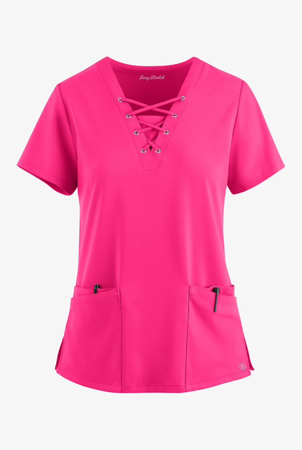 Easy STRETCH Gisele Women's 4-Pocket Lace Up V-Neck Scrub Top - Reactive Pink - 1