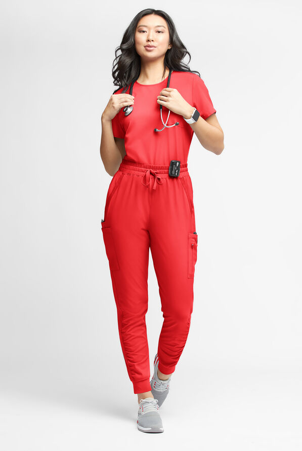 WhisperLite Calla Women's 6-Pocket Ruched Leg Cargo Scrub Pants - Petite - Diva Red - 2