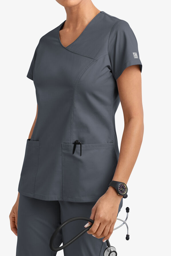 Butter-Soft STRETCH Women's 3-Pocket V-Neck Mock Wrap Scrub Top - Pewter - 2