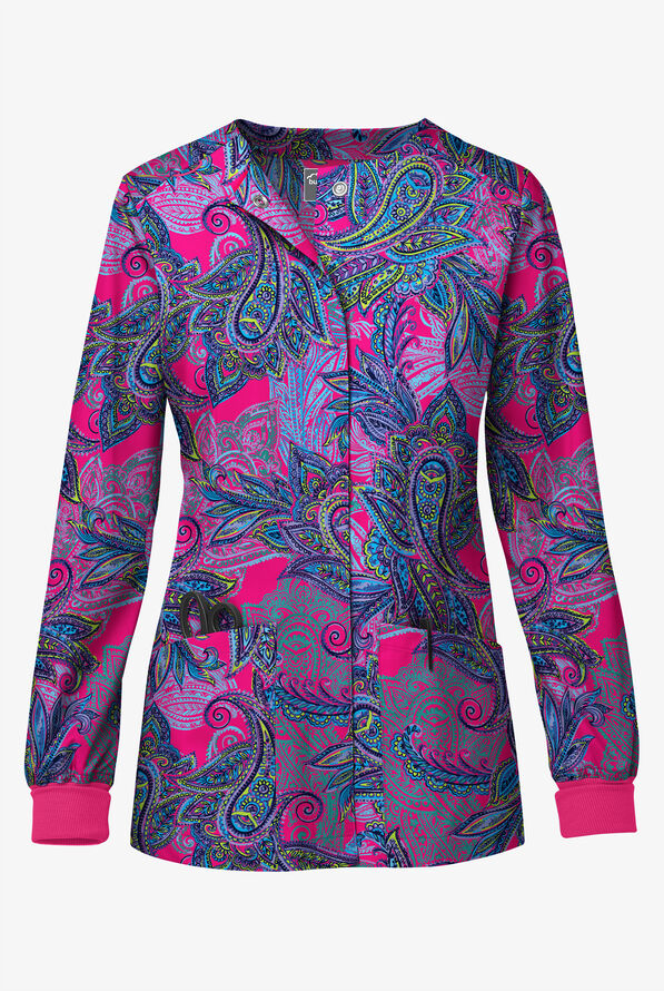 Butter-Soft STRETCH Layered Paisley Fuchsia Women's 3-Pocket Snap Front Print Scrub Jacket - null - 1