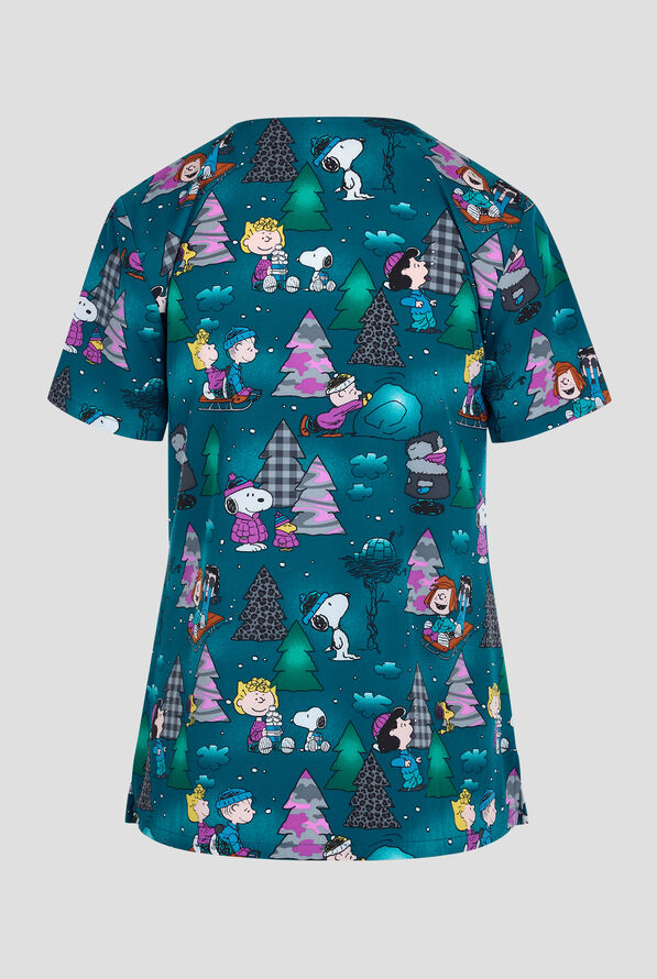 Tooniforms Peanuts Winter Forest Women's 2-Pocket STRETCH V-Neck Print Scrub Top - null - 2