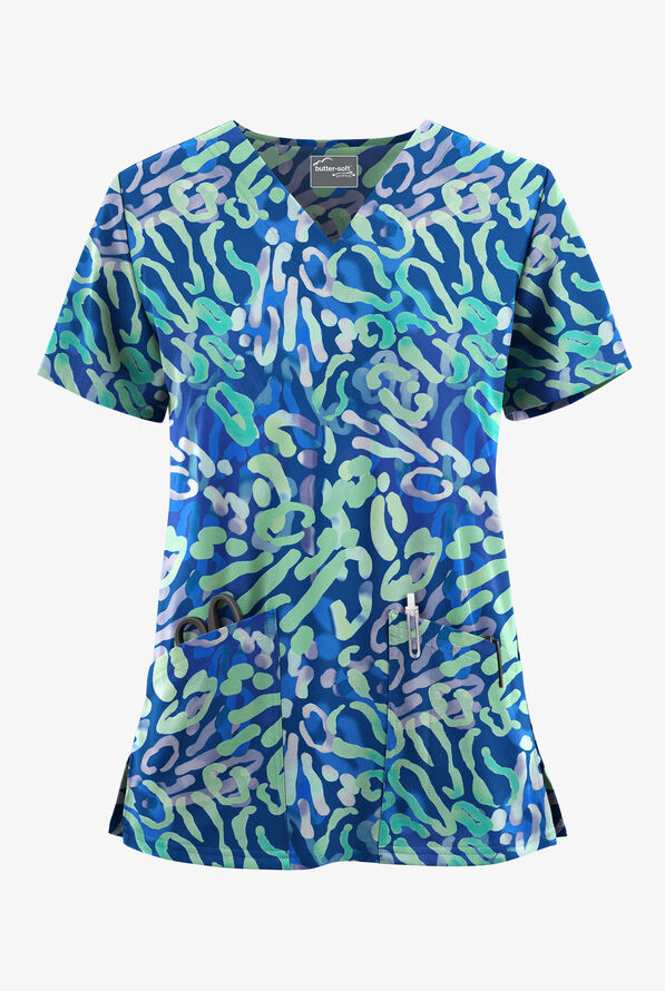 Blusa médica estampada UA Butter-Soft STRETCH Confetti Time Royal con cuello en V y 2 bolsillos para mujer - null - 1