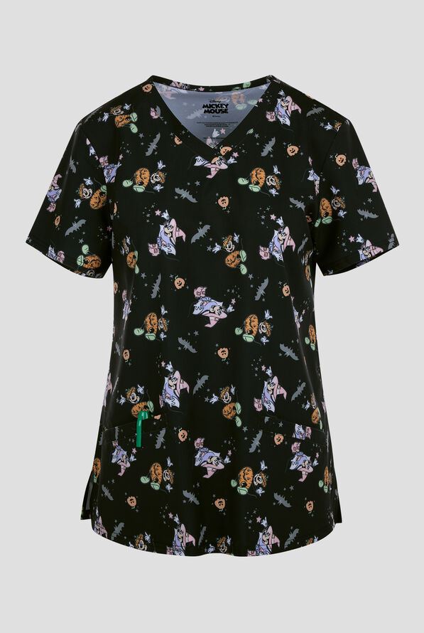 Blusa médica estampada Disney's Mickey Mouse Halloween by Funscrubs STRETCH con cuello en V y 2 bolsillos para mujer - null - 1