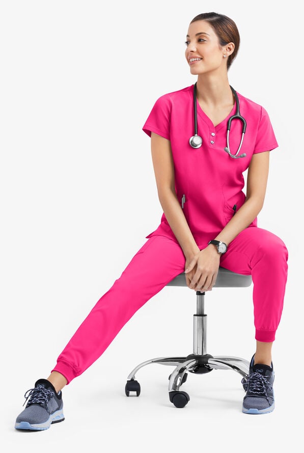 Easy STRETCH Demi Women's 4-Pocket Henley Scrub Top - Reactive Pink - 6