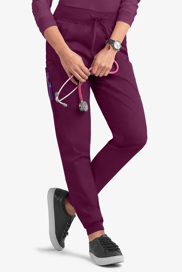 Butter-Soft STRETCH Women's 5-Pocket Cargo Jogger Scrub Pants - Petite - Wine - 1