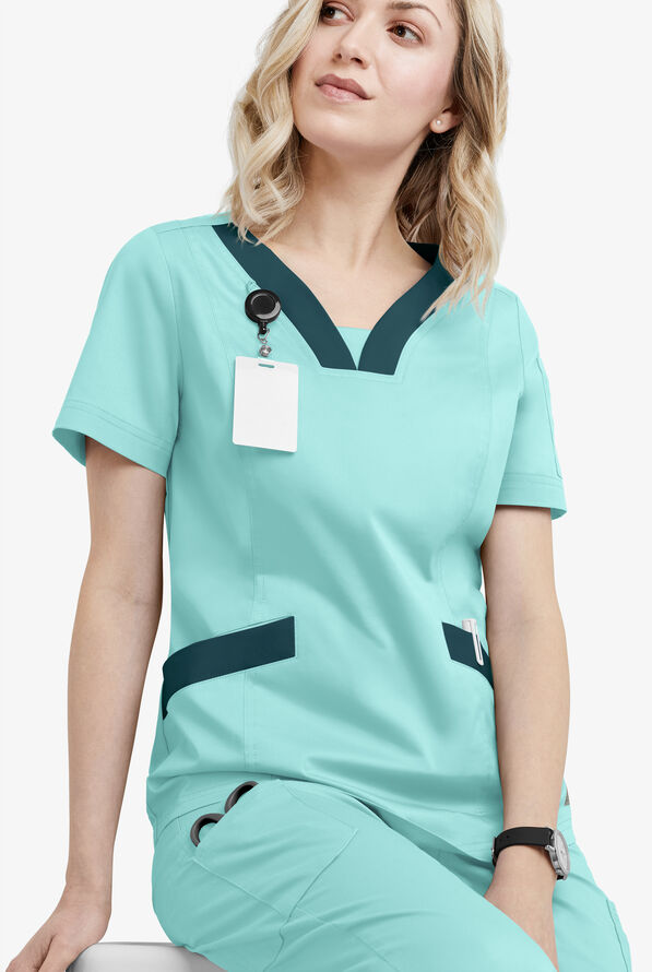 Butter-Soft STRETCH Women's 4-Pocket Feminine Curved V-Neck Scrub Top - Aqua Moon/Caribbean Blue - 4
