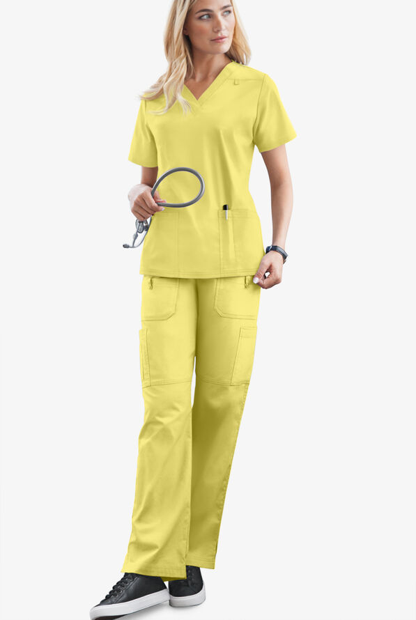 Butter-Soft STRETCH Women's 10-Pocket Drawstring Scrub Pants - Petite - Lemon Sherbet - 2