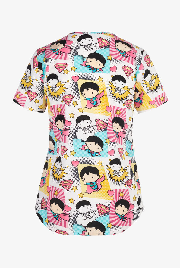 Tooniforms Friend Superman Women's 2-Pocket STRETCH V-Neck Print Scrub Top - null - 2