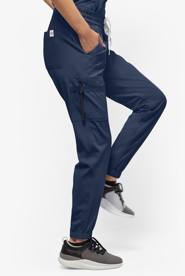 Wink Renew Women's 7-Pocket STRETCH Flat Front Drawstring Cargo Jogger Scrub Pants - Navy - 3
