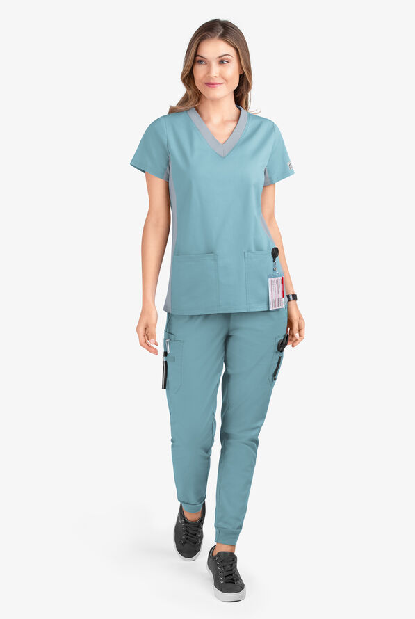 Butter-Soft STRETCH Women's 3-Pocket Contrast Scrub Top - Dew Drop/Silver - 2