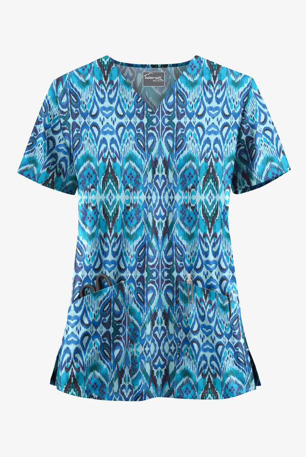 Butter-Soft STRETCH Romanian Ikat Dew Drop Women's 2-Pocket V-Neck Print Scrub Top - null - 1