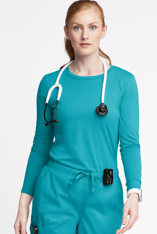 Butter-Soft Originals Women's STRETCH Cotton-Rich Long Sleeve Crew Neck Knit Underscrub - Teal - 2