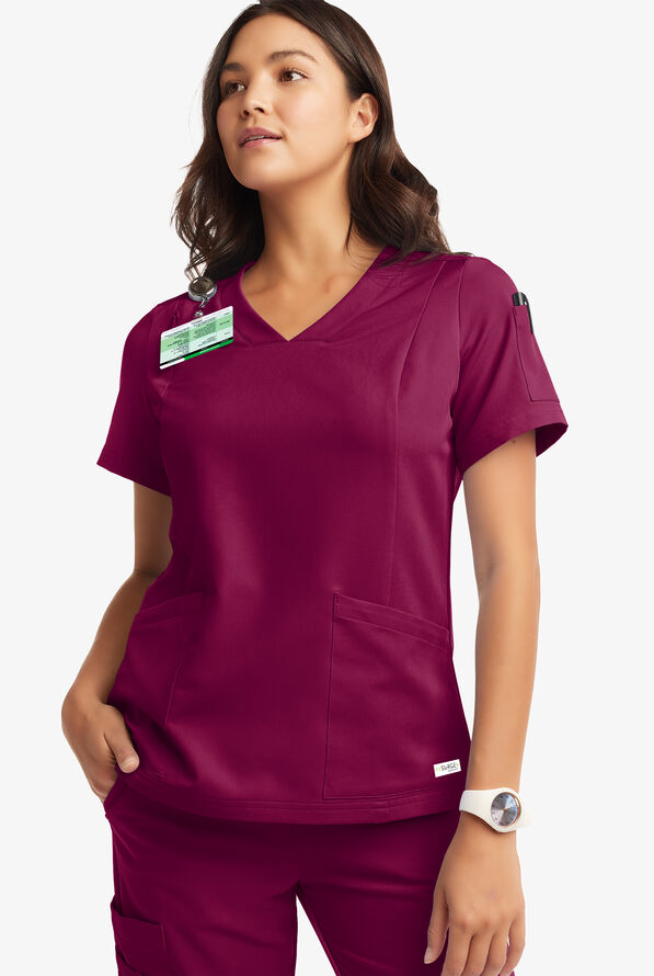 Butter-Soft Women's 6-Pocket V-Neck Scrub Top **Slightly IRREGULAR** - Wine - 5