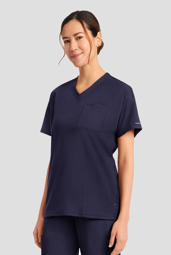 Cherokee Achieve Women's 3-Pocket  STRETCH Tunic V-Neck Knit Scrub Top - Navy - 3