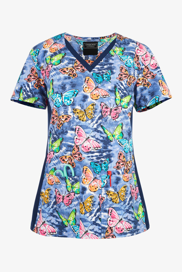 Cherokee Pretty Fly Tie Dye Women's 2-Pocket STRETCH V-Neck Print Scrub Top - null - 1