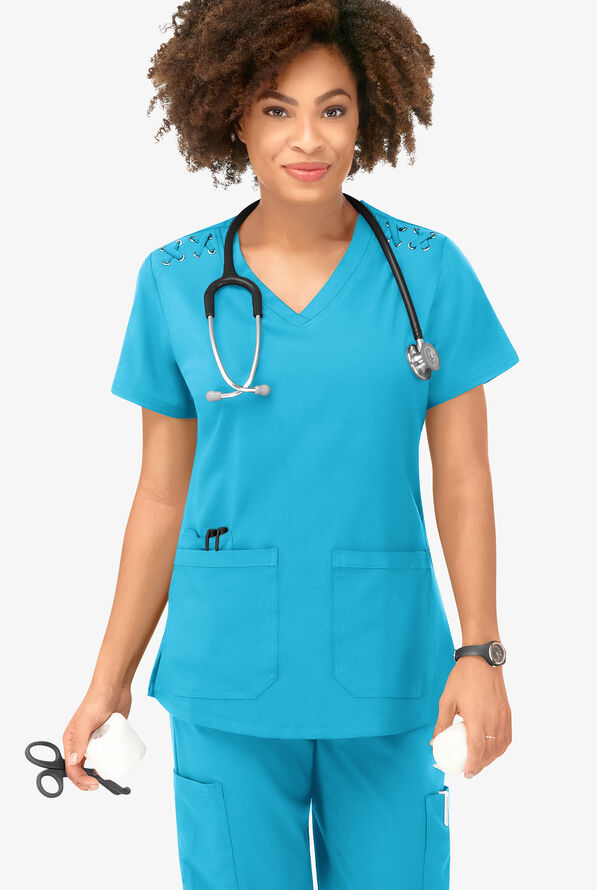 Blusa m&eacute;dica Easy STRETCH Leila con ojales con lazos y 3 bolsillos para mujer - Turquoise - 5