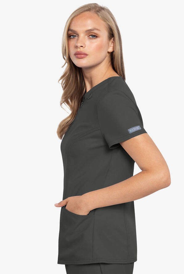 Med Couture Insight Women's 3Pocket Zipper Round Neck Scrub Top, Nursing Scrubs