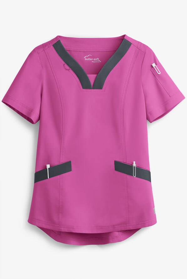 Butter-Soft STRETCH Women's 4-Pocket Feminine Curved V-Neck Scrub Top - Rosebud/Pewter - 1