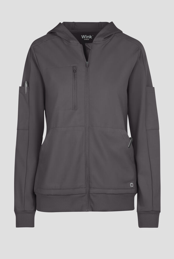 Wink Renew Knit Women's 4-Pocket STRETCH Front Zip Scrub Hoodie Jacket - Pewter - 1