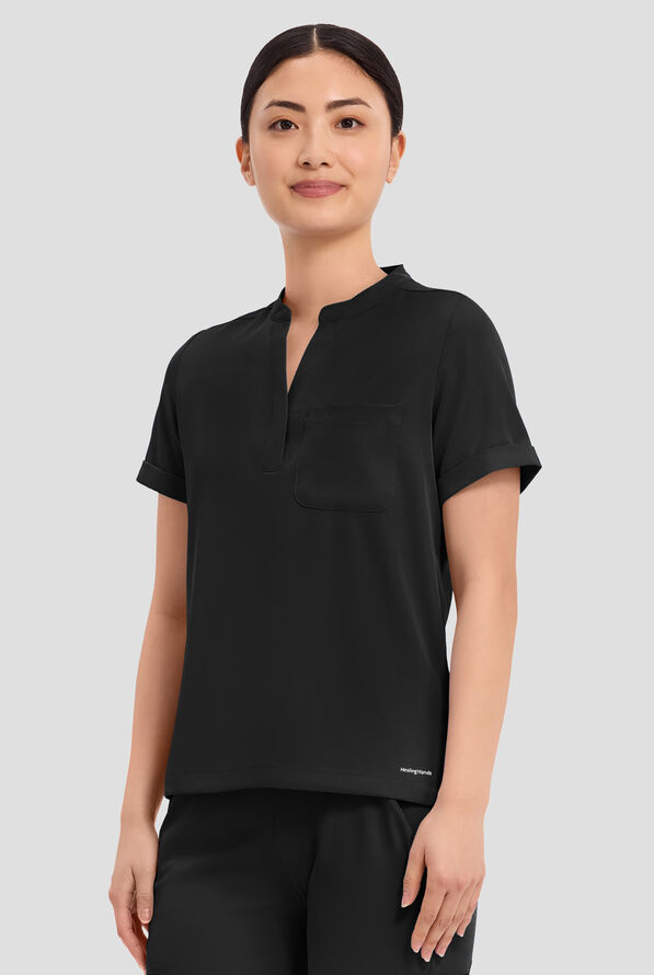 HH Works by Healing Hands Macy Women's 1-Pocket STRETCH Mandarin Collar Tuck In Scrub Top - Black - 2