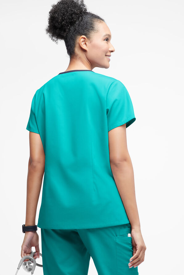 Butter-Soft Originals Women's 3-Pocket Crisscross Contrast V-Neck Scrub Top - Bright Teal/NavyBright Teal/Navy - 3