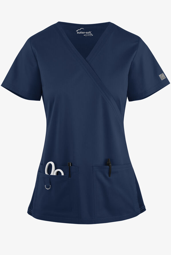 Blusa médica UA Butter-Soft STRETCH con cuello en V y paneles laterales de punto tejido para mujer - Navy - 1