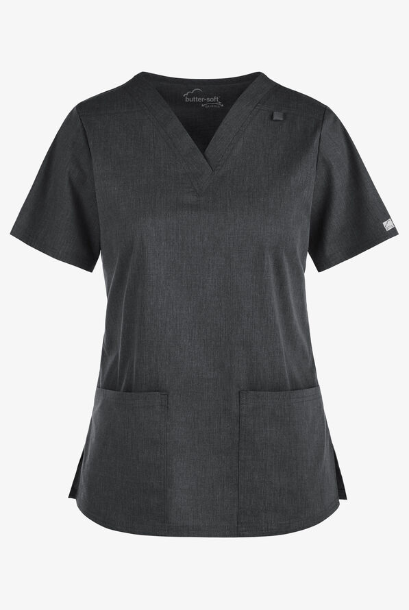 Butter-Soft STRETCH Women's 4-Pocket V-Neck Scrub Top - Heather Charcoal - 1