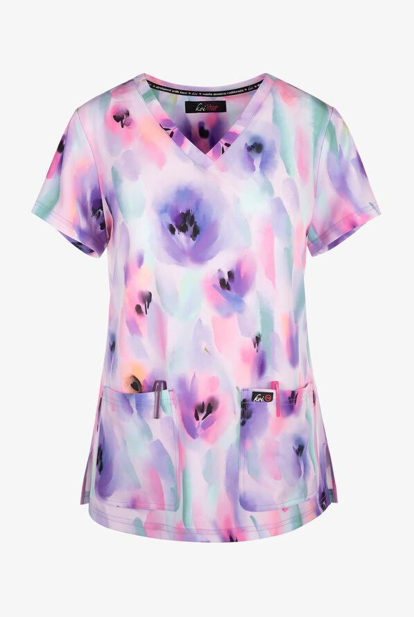 koi Lite Flower Lavender Women's 2-Pocket STRETCH V-Neck Print Scrub Top - null - 1