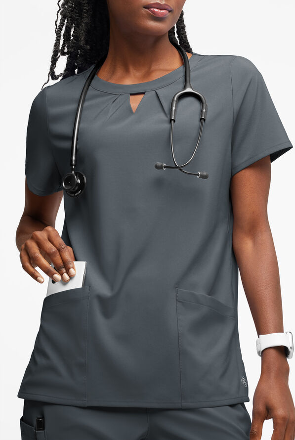 Easy STRETCH Salma Women&rsquo;s 3-Pocket Keyhole Neck Scrub Top - Pewter - 3