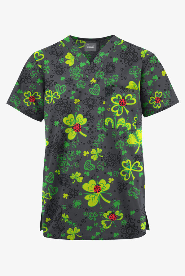 Butter-Soft Originals Ladies & Clovers Pewter Unisex 2-Pocket V-Neck Print Scrub Top - null - 1