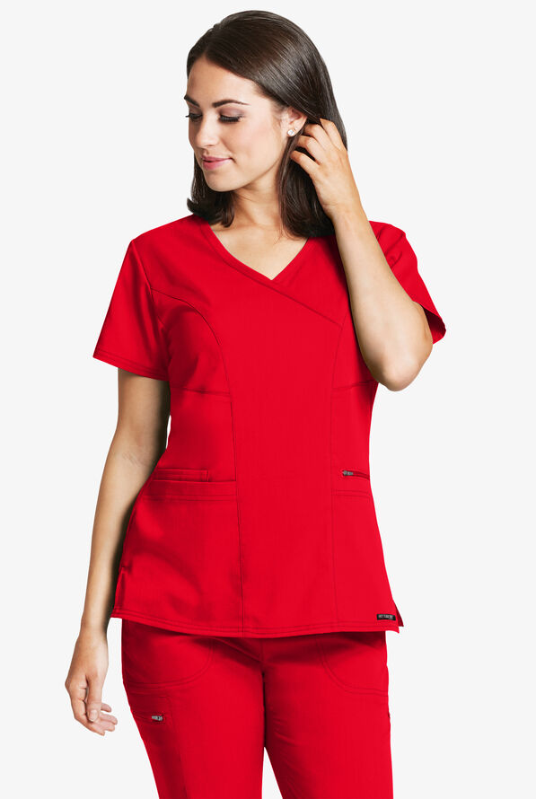 Grey's Anatomy by Barco Spandex STRETCH Kim Women's 3-Pocket Mock Wrap Scrub Top - Scarlet - 2