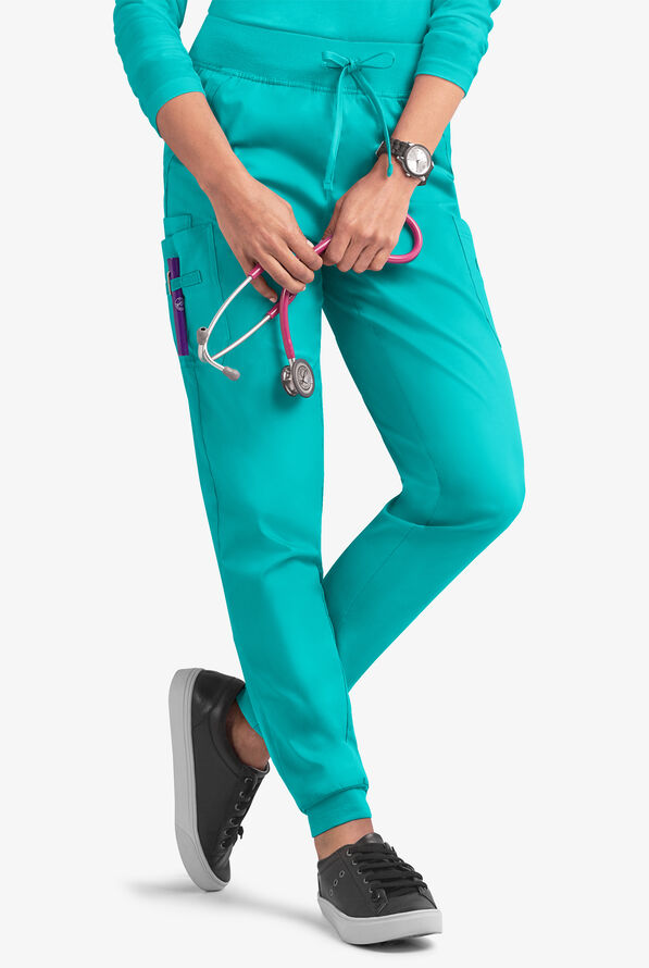 Butter-Soft STRETCH Women's 5-Pocket Cargo Jogger Scrub Pants - Petite - Bright Teal - 1