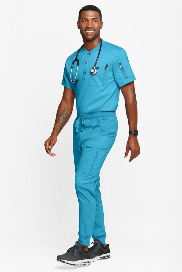 Advantage STRETCH Men's 2-Pocket Short Sleeve Henley Scrub Top - Turquoise - 4
