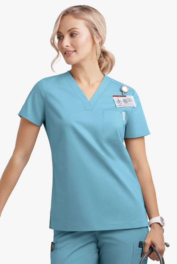 Blusa m&eacute;dica Butter-Soft STRETCH con cuello en V y 2 bolsillos para mujer - Poolside View - 3