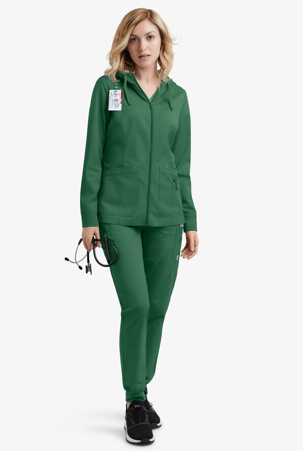 Butter-Soft STRETCH Women's 3-Pocket Zip-Front with Cozy Knit Hood and Trim Scrub Jacket - Hunter - 2