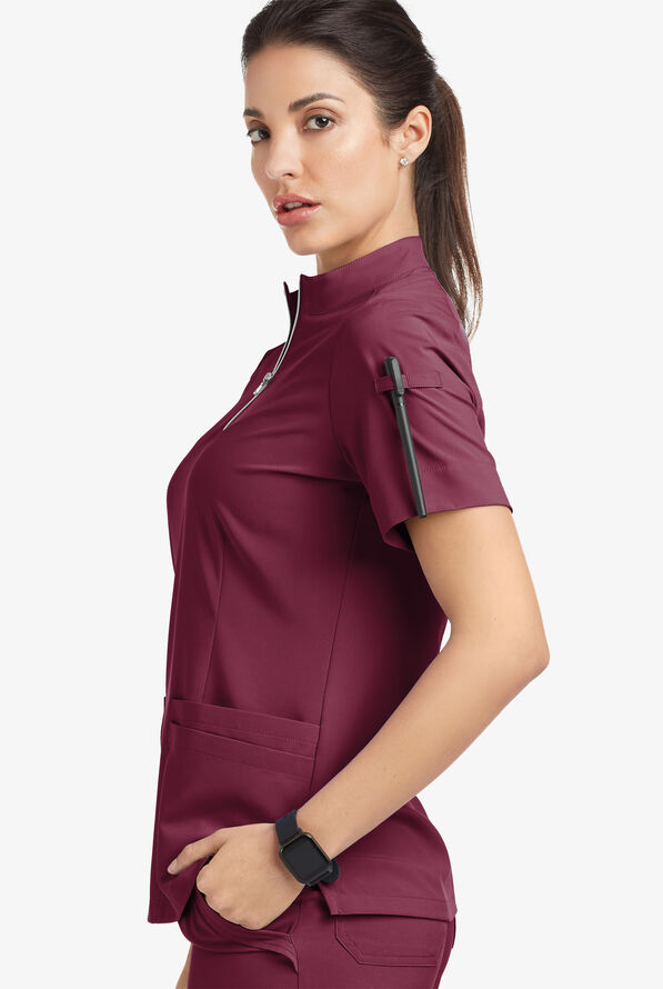 Easy STRETCH Jen Women's 4-Pocket Zip-Neck Short Sleeve Scrub Top - Wine - 5