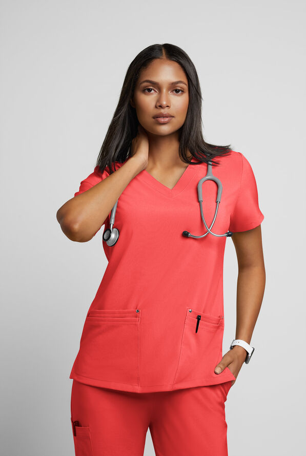 Easy STRETCH Lina Mitered Women's 4-Pocket V-Neck Scrub Top - Radiant Red - 2