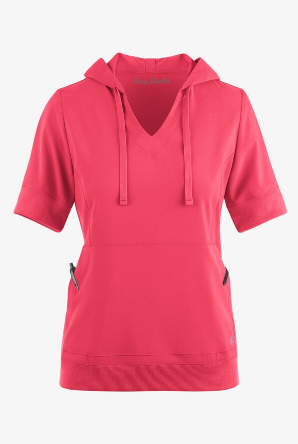 Easy STRETCH True Women's 3-Pocket Short Sleeve Pull-Over Scrub Hoodie - Bright Watermelon - 2