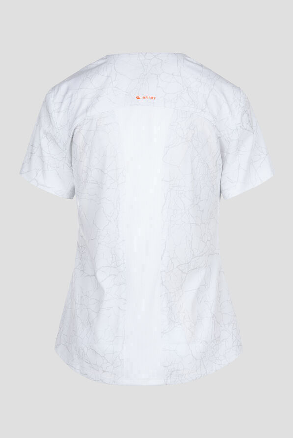 Infinity Crackle White Marble Women's 2-Pocket STRETCH Reflective V-Neck Print Scrub Top - null - 2