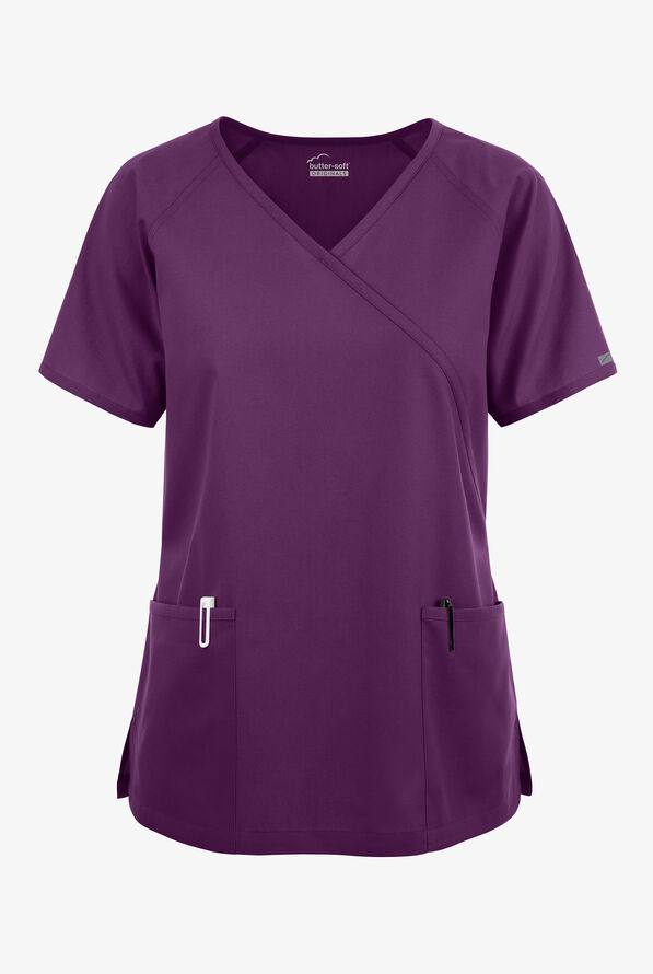 Blusa médica Butter-Soft Originals estilo cruzado con 3 bolsillos para mujer - Eggplant - 1
