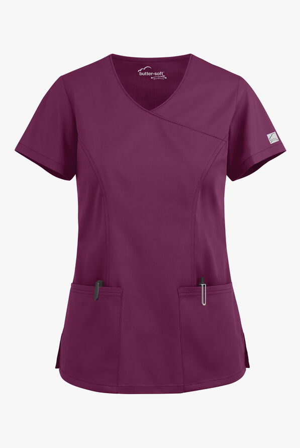 Butter-Soft STRETCH Women's 3-Pocket V-Neck Mock Wrap Scrub Top - Wine - 1