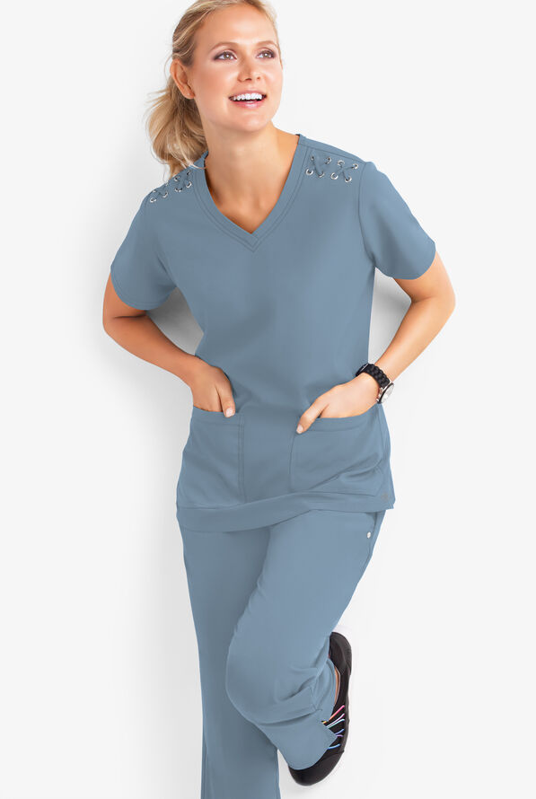 Blusa médica Easy STRETCH Leila con ojales y lazos para mujer - Indigo Batik - 2