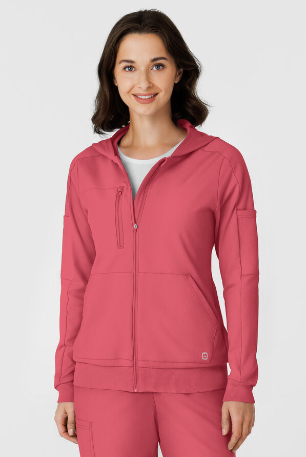 Wink Renew Knit Women's 4-Pocket STRETCH Front Zip Scrub Hoodie Jacket - Ruby - 3