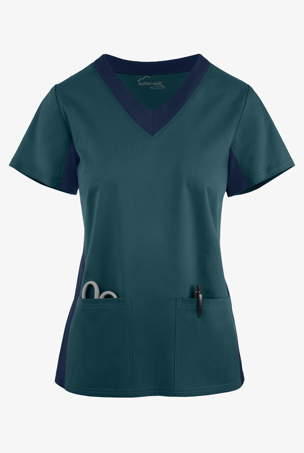 Butter-Soft STRETCH Women's 3-Pocket Contrast Scrub Top - Caribbean Blue/Navy - 1