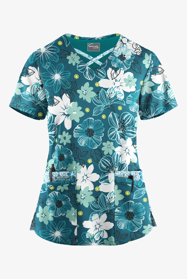 Butter-Soft STRETCH Floral Mirage & Paisley Womens 4-Pocket Crisscross Mixed Print Scrub Top - null - 1