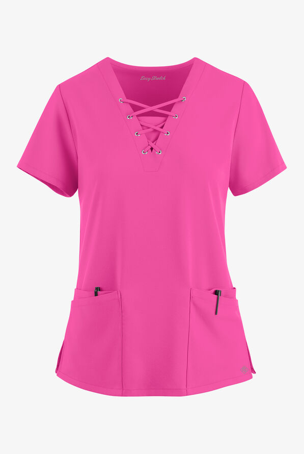 Easy STRETCH Gisele Women's 4-Pocket Lace Up V-Neck Scrub Top - Glam Pink - 1