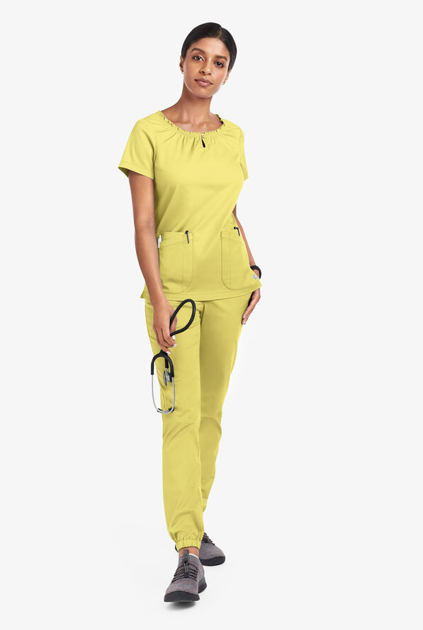 Butter-Soft STRETCH Women's 6-Pocket Short Sleeve Peasant Style Scrub Top - Lemon Sherbet - 2